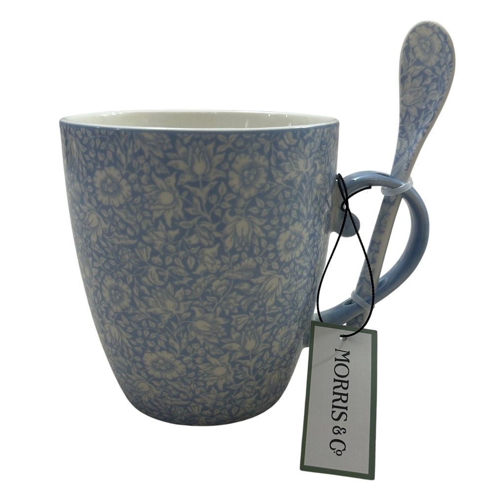 Morris & Co Blue White Floral Porcelain Mug and Spoon Set William Morris Design